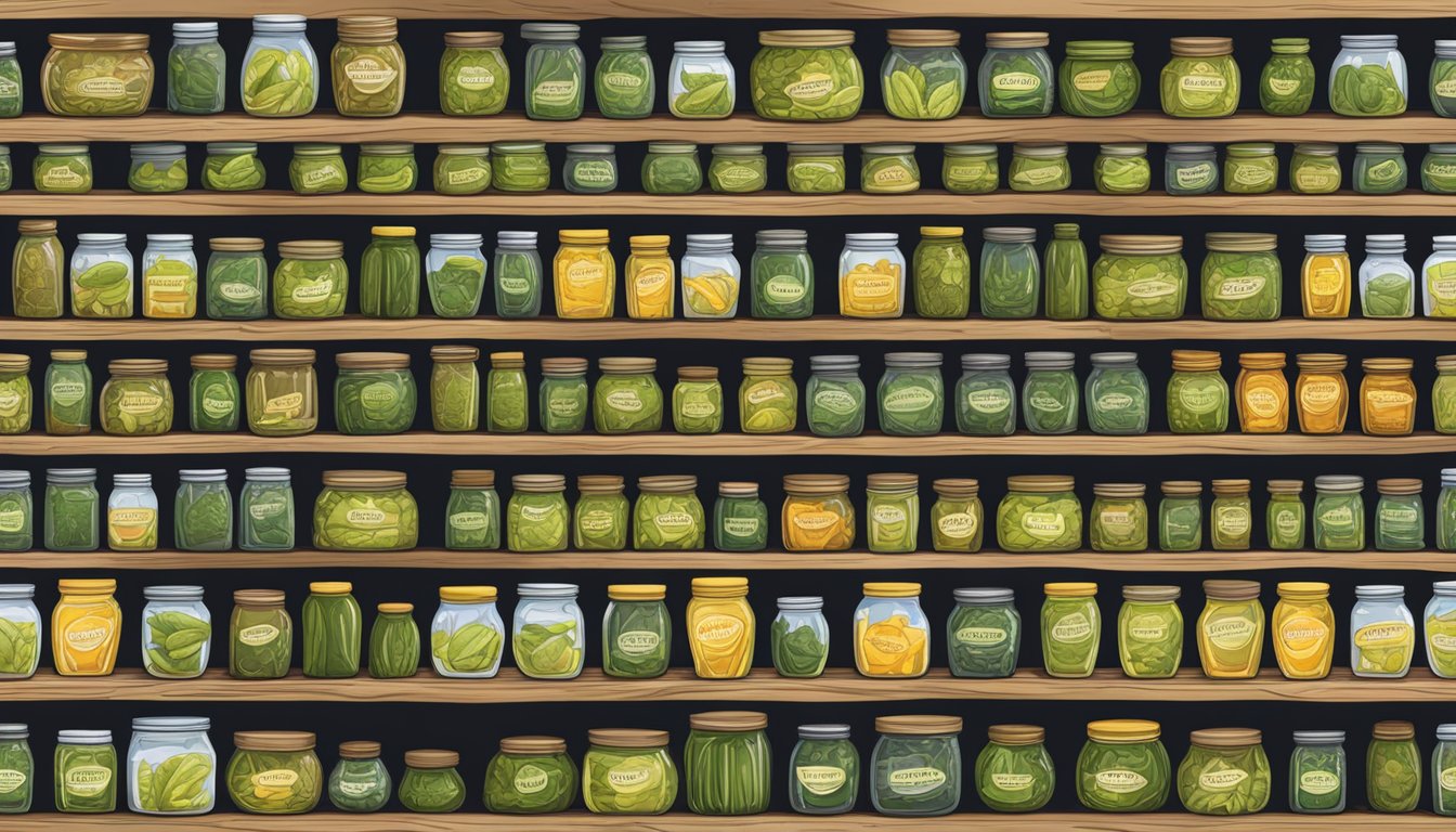 A variety of dill pickle jars are neatly arranged on a wooden shelf, each brand labeled with vibrant, eye-catching packaging