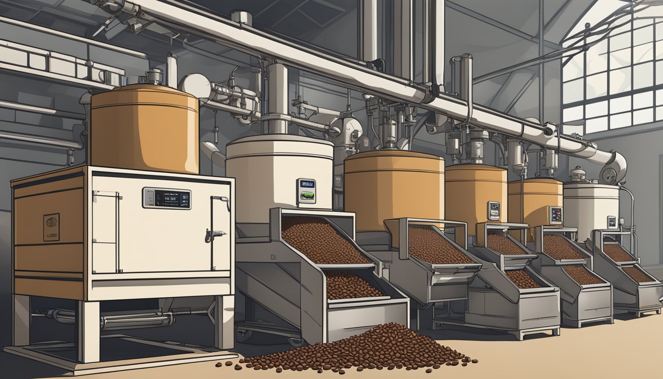 Various coffee beans roasting in a large industrial roaster, emitting aromatic smoke. Bags of different coffee brands stacked nearby