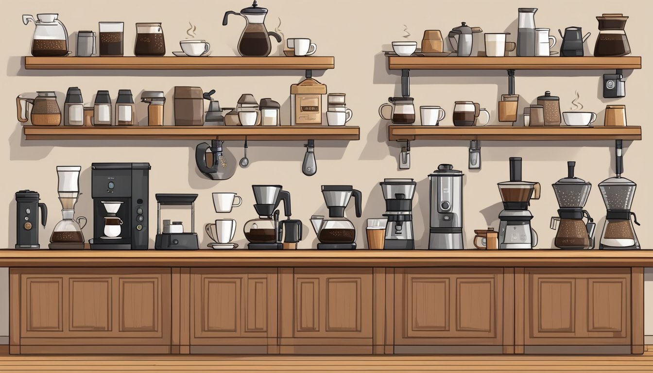 Various coffee brewing equipment and coffee types displayed on a wooden counter in a cozy cafe setting