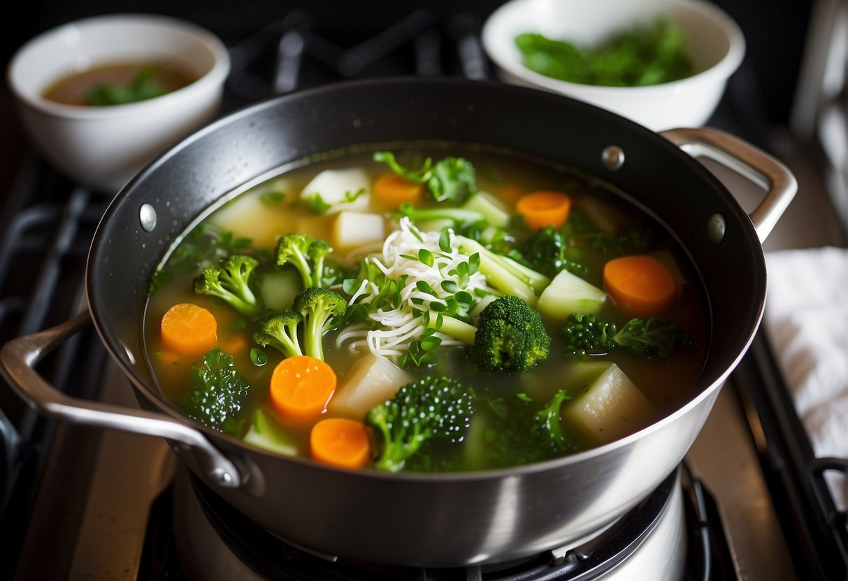 A pot of clear Chinese vegetable soup simmers on a stovetop, filled with vibrant green vegetables and aromatic herbs