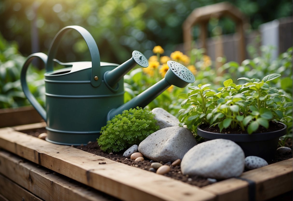 Lush green plants thrive in a well-maintained raised garden bed, surrounded by neatly arranged stones or wood. A watering can and gardening tools sit nearby, ready for use