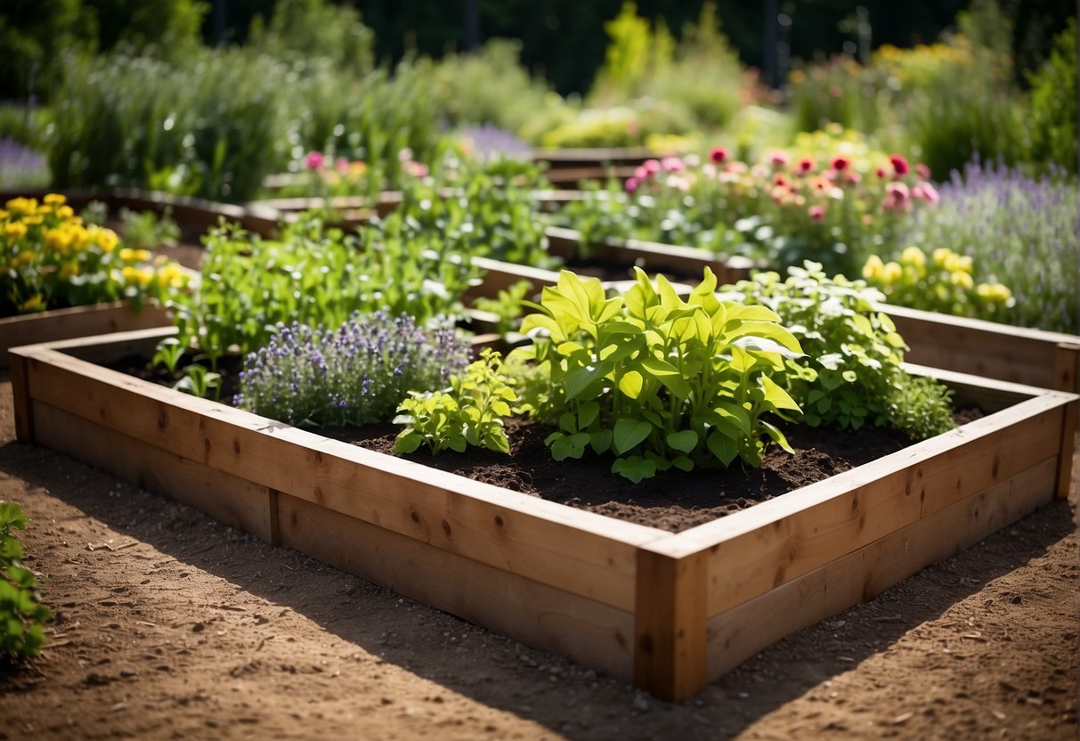 A variety of raised garden beds, each unique in design and material, surrounded by lush greenery and blooming flowers, creating a picturesque and inspiring scene for any garden enthusiast