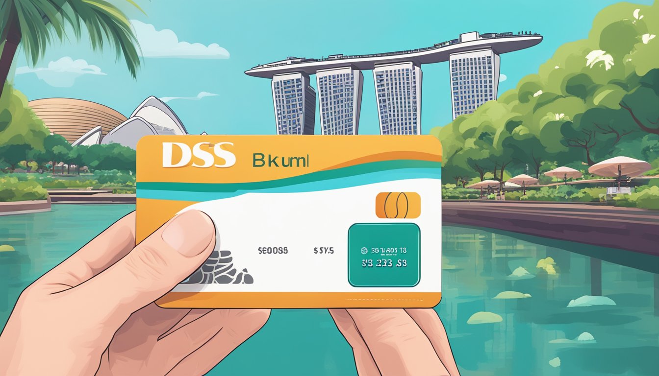 A hand holding a DBS Multi-Currency Debit Card against a backdrop of iconic Singapore landmarks such as the Marina Bay Sands and Gardens by the Bay