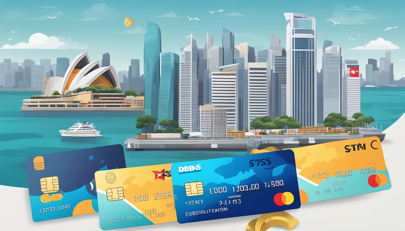 The DBS Multi-Currency Debit Card is shown with various currency symbols and a Singaporean skyline in the background
