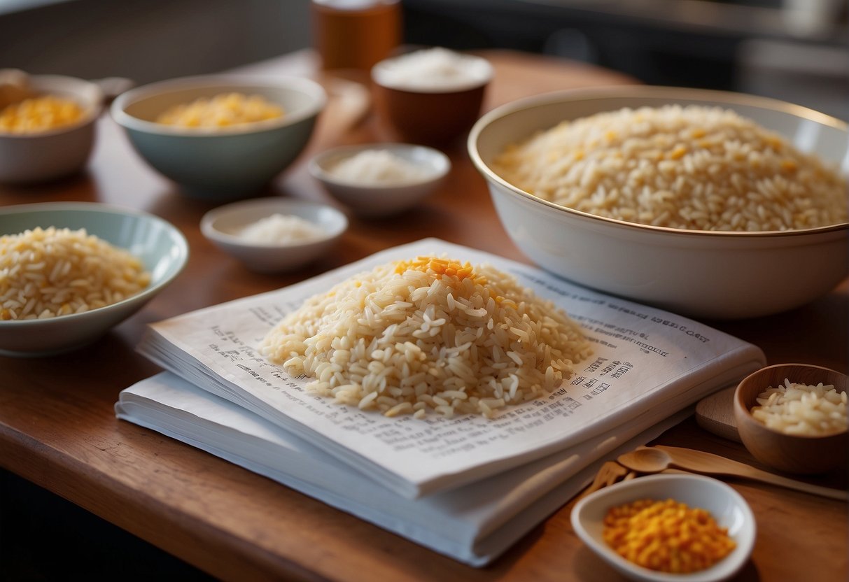 Ingredients laid out on a clean kitchen counter, a mixing bowl, measuring cups, and a recipe book open to the Chinese baked rice recipe page