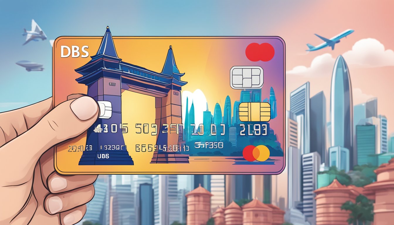 A hand holds a DBS Multi-Currency Debit Card against a backdrop of iconic Singapore landmarks, showcasing its versatility for international transactions