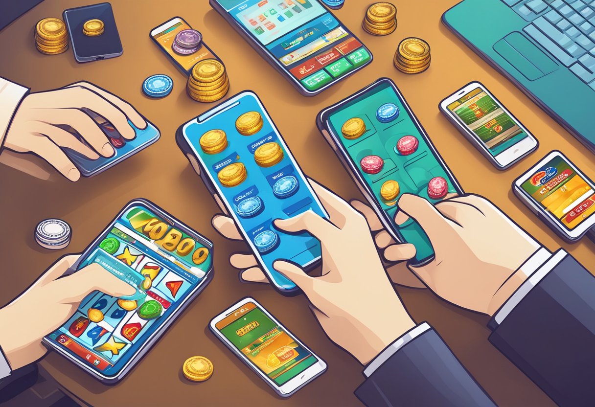 Players' hands tapping mobile screens with casino games, debit cards nearby, fast payout logos visible