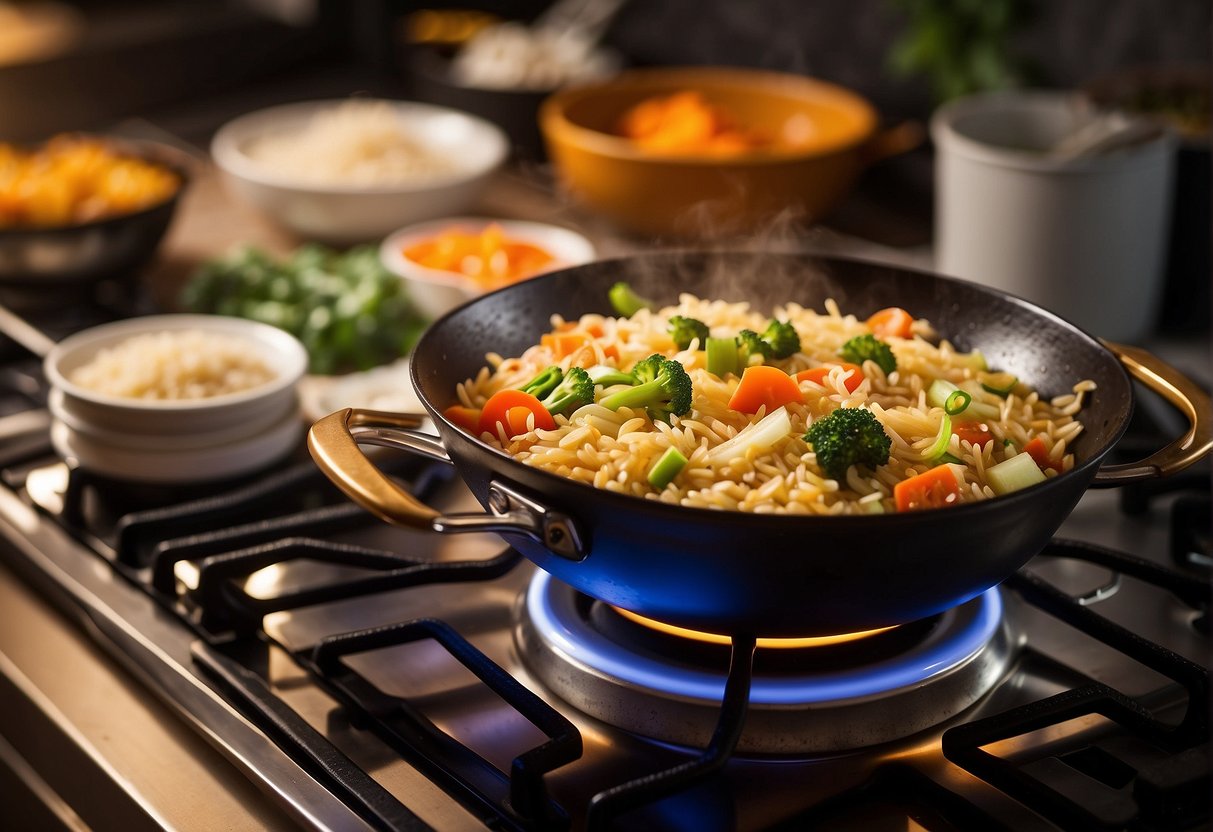 A wok sizzles on a stovetop, rice and vegetables stir-frying. Oven door opens, revealing a golden-brown casserole dish of steaming Chinese baked rice