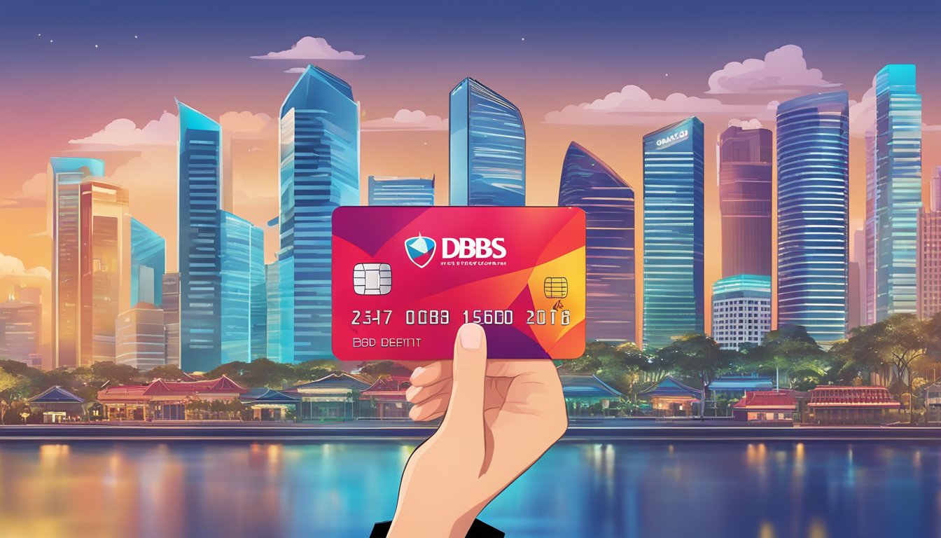 A hand holding a DBS Visa Debit Card with the DBS Multi-Currency Debit Card logo. The background is a modern and vibrant Singapore cityscape