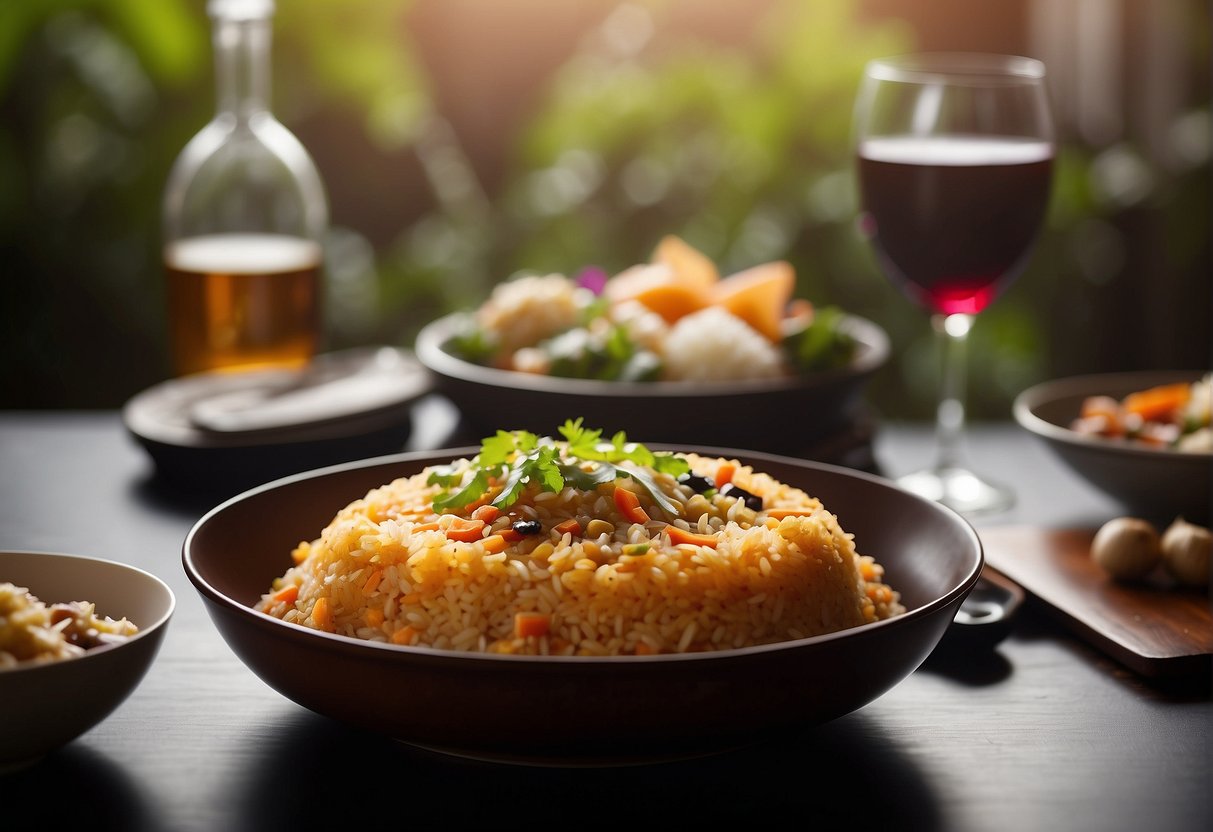 A table set with a steaming dish of Chinese baked rice, surrounded by colorful side dishes and a bottle of wine