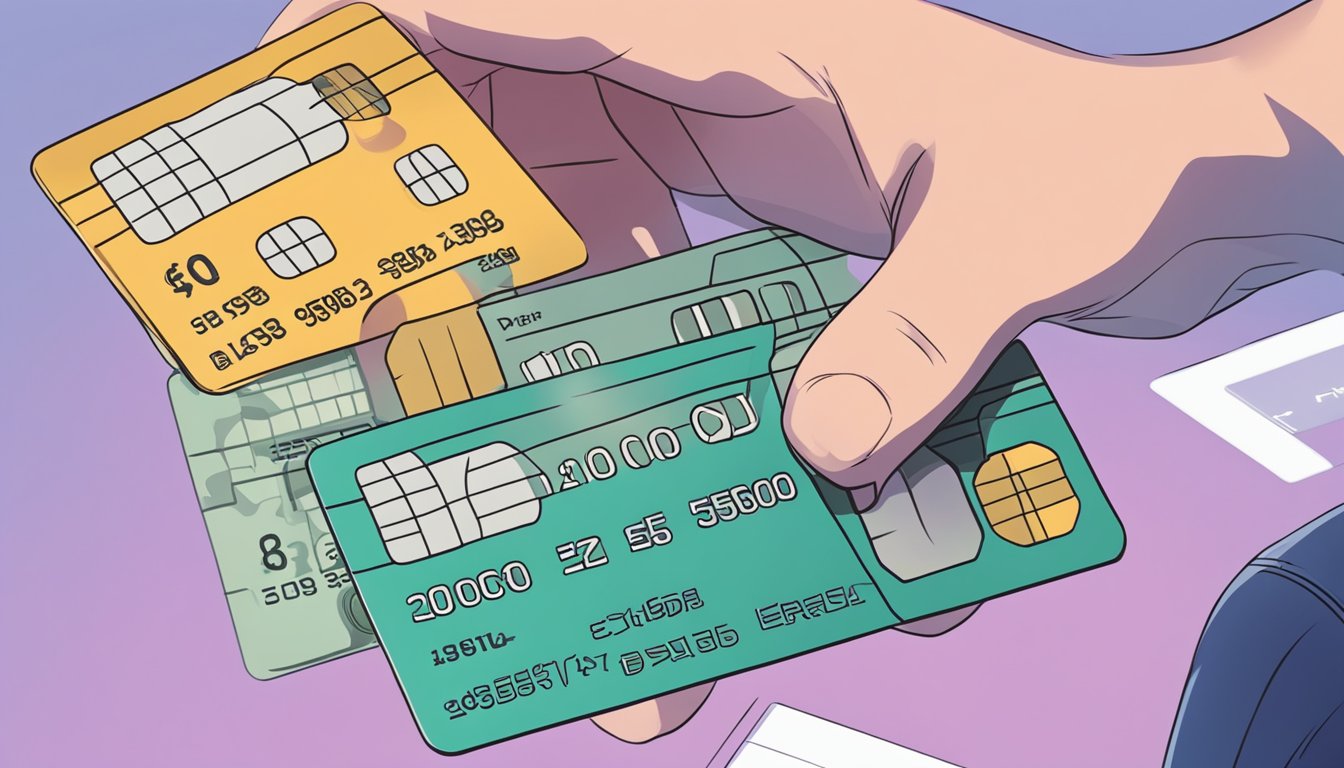 A hand holding a DBS multi-currency debit card with various fees and charges displayed in the background