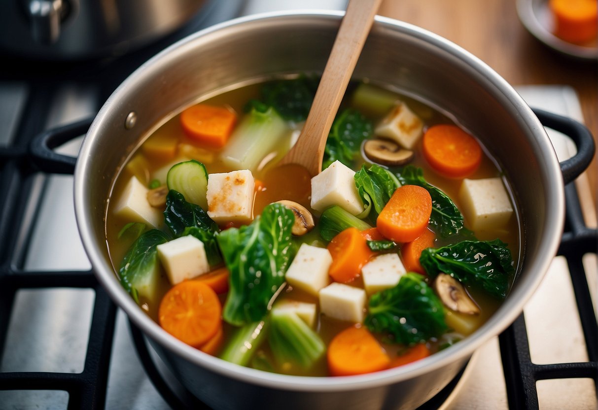 A pot of clear Chinese vegetable soup simmering on the stove, with ingredients like bok choy, carrots, mushrooms, and tofu