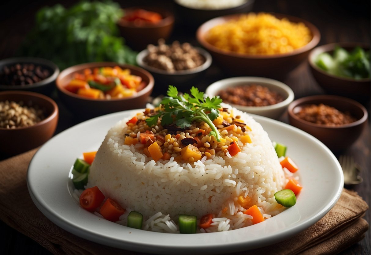 A steaming hot plate of Chinese baked rice, topped with savory meat and vegetables, surrounded by a colorful array of spices and herbs