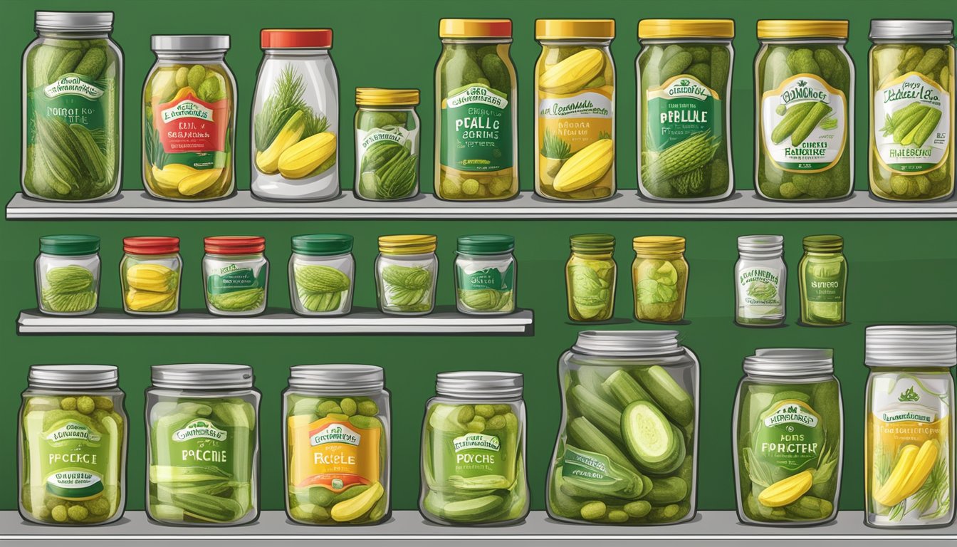 A variety of dill pickle jars arranged on a shelf, each with a different brand label. Bright and eye-catching packaging