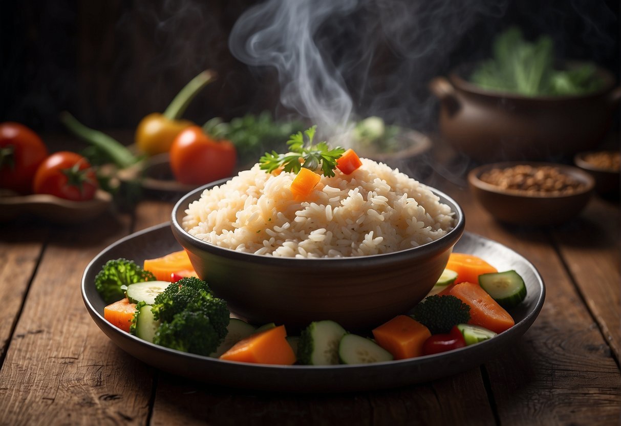 A steaming hot dish of Chinese baked rice sits on a rustic wooden table, surrounded by colorful ingredients like diced vegetables, tender chunks of meat, and a sprinkling of fragrant herbs and spices