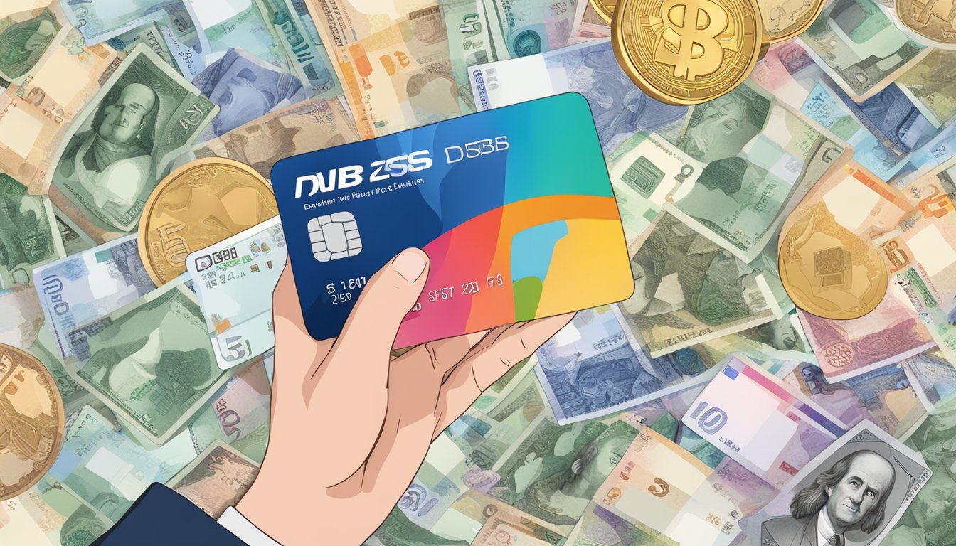 A hand holding a DBS Multi-Currency Debit Card, surrounded by various currencies from different countries