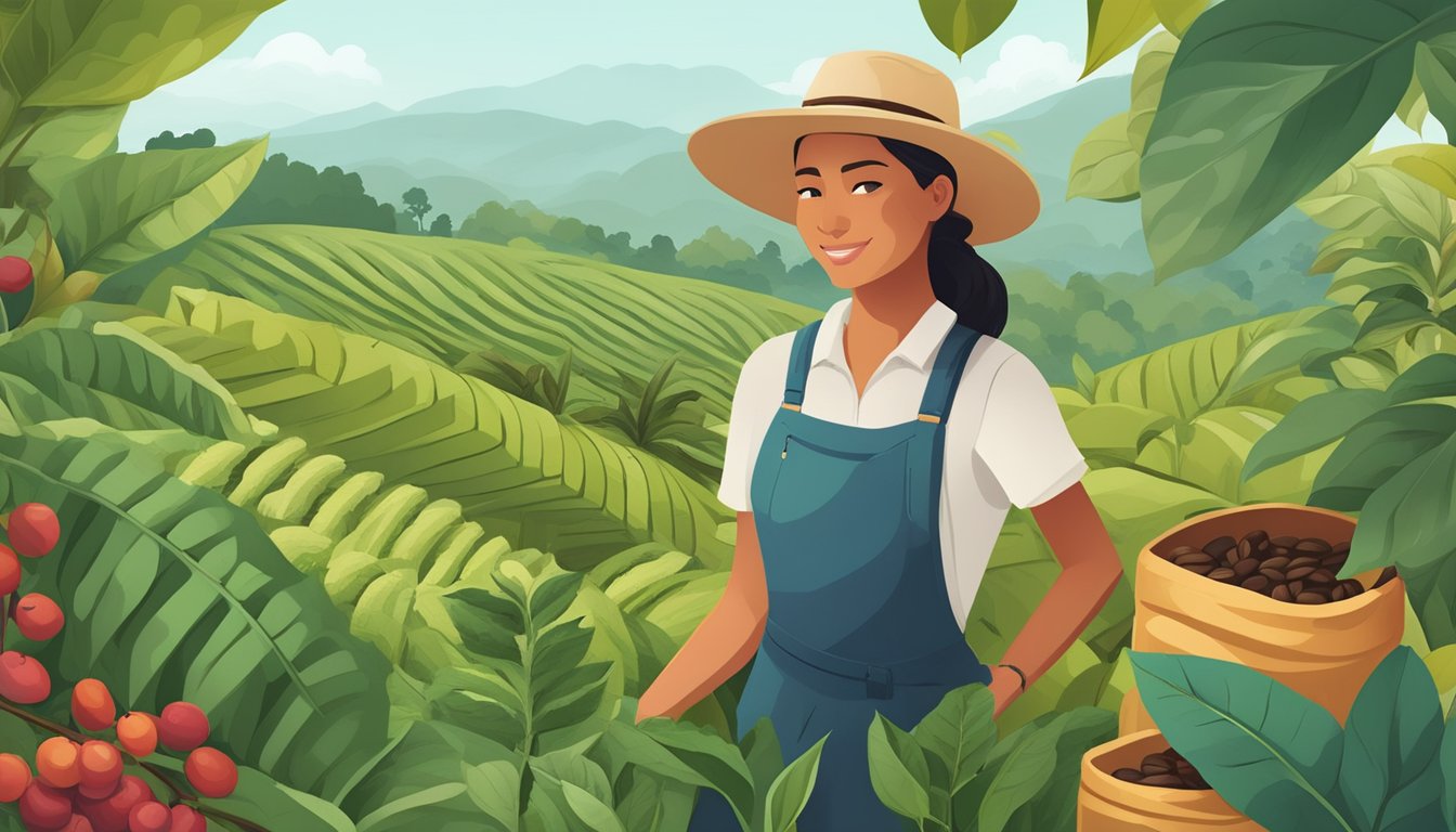 A coffee farm with diverse coffee plants, eco-friendly practices, and fair trade logos on packaging