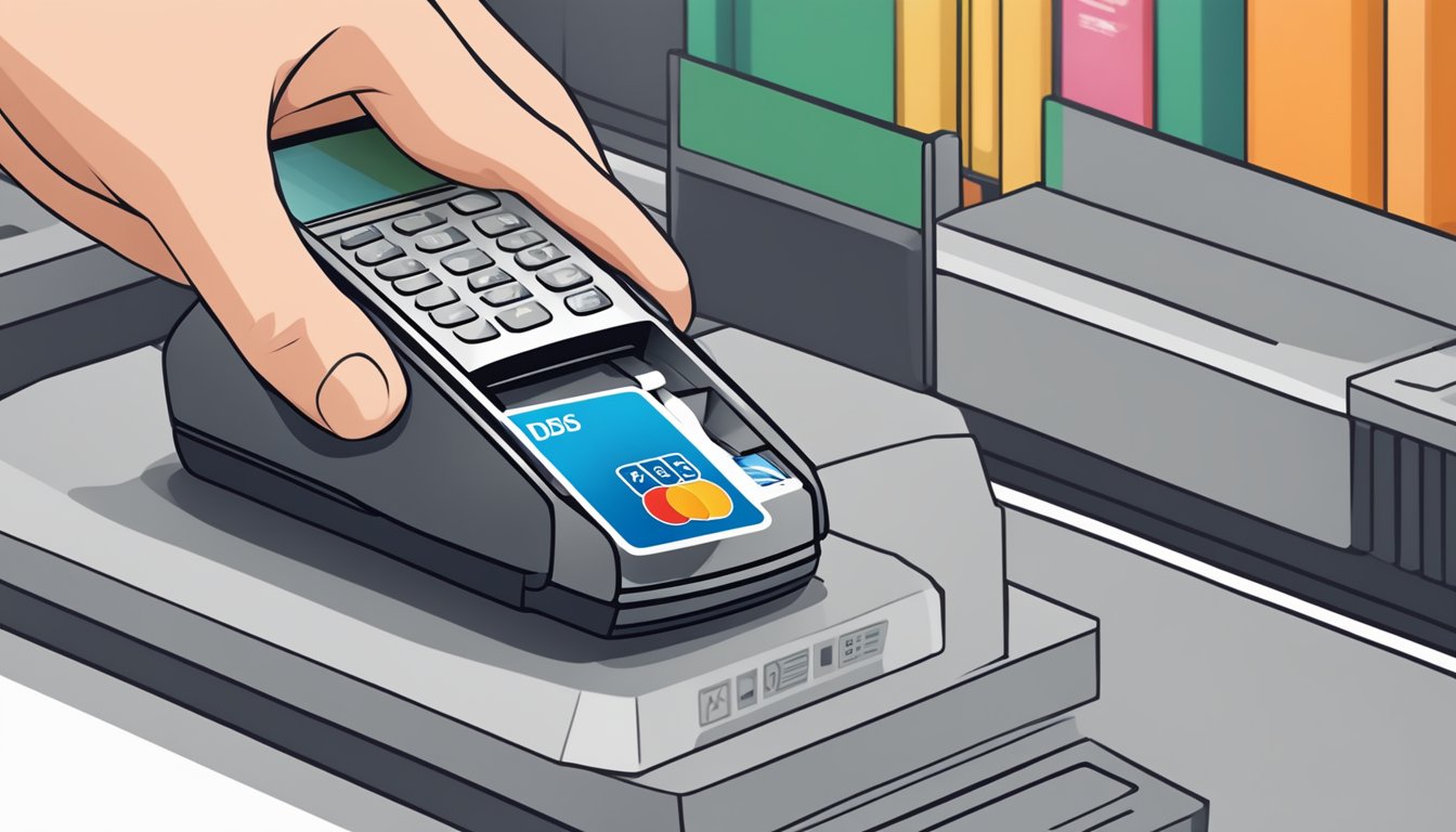A hand holding a DBS Multi-Currency Debit Card while making a payment at a store in Singapore. The card is being swiped or inserted into a card reader