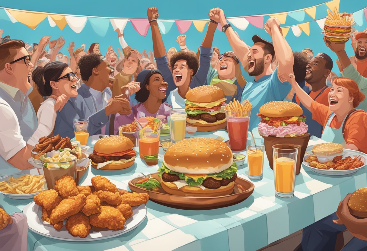 A table filled with oversized burgers, towering sundaes, and spicy wings, surrounded by cheering spectators