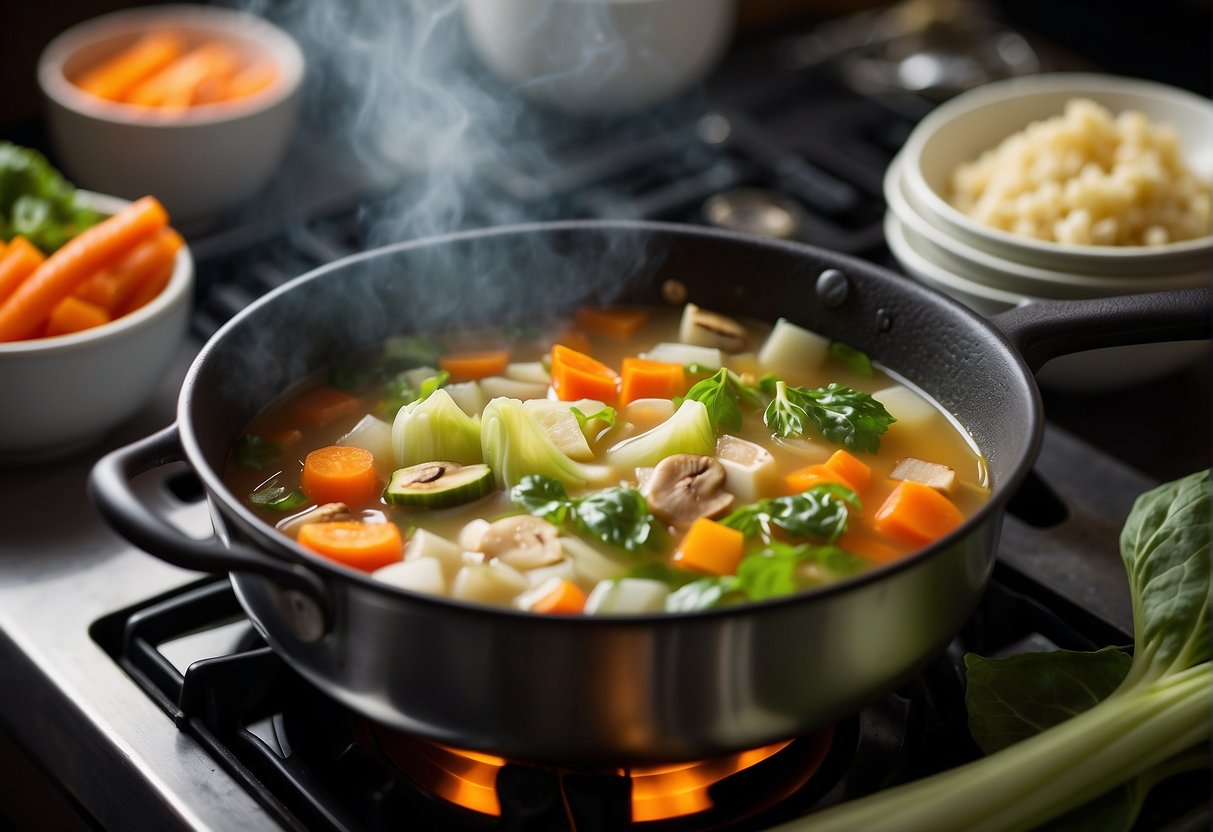 A pot of clear Chinese vegetable soup simmers on a stovetop, filled with colorful and fresh ingredients such as bok choy, carrots, and mushrooms