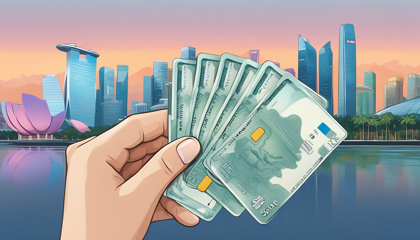 A hand holding a DBS Multi-Currency Debit Card against a backdrop of iconic Singapore landmarks like the Marina Bay Sands and the Singapore Flyer