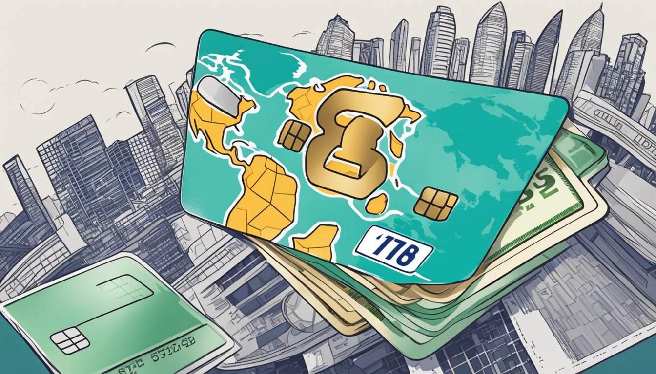 The DBS Multi-Currency Debit Card sits on a desk with a Singapore city skyline in the background. The card is surrounded by various currency symbols and a globe, symbolizing its global usage