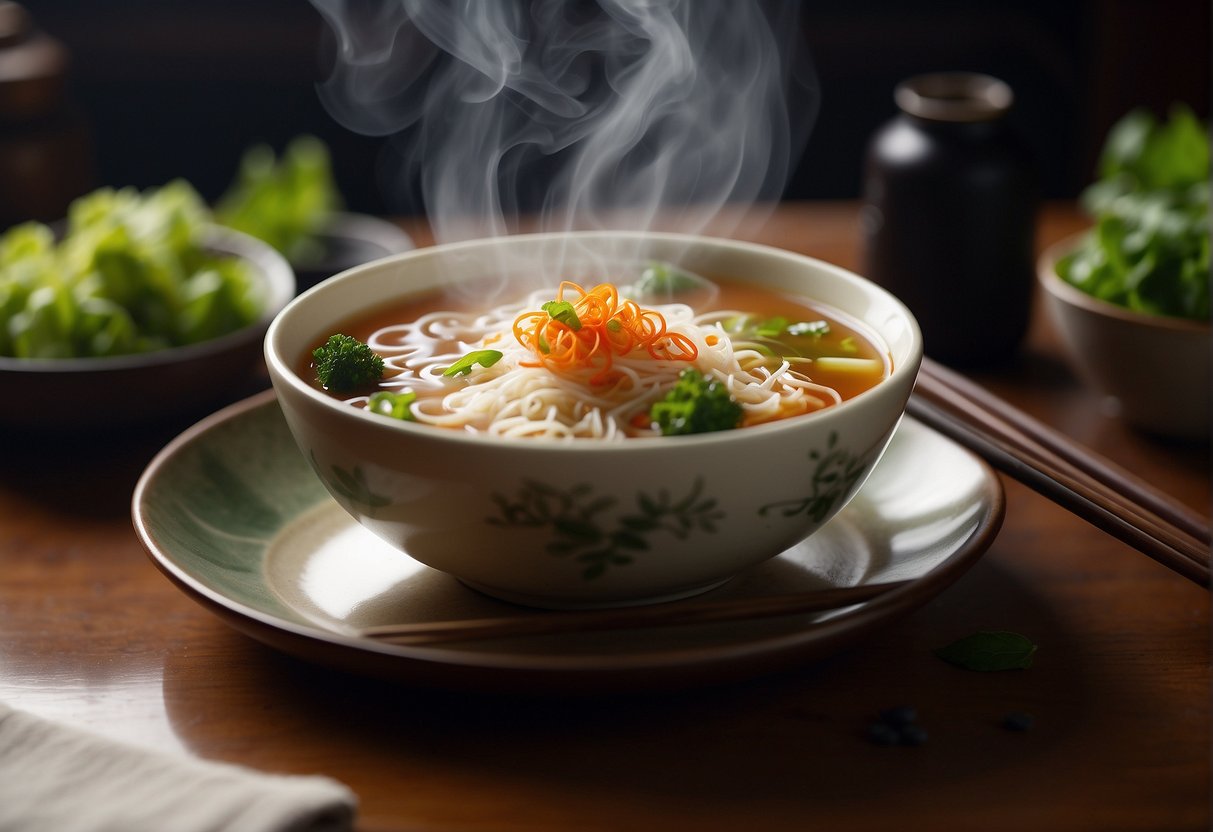 A steaming bowl of clear Chinese vegetable soup sits on a wooden table, surrounded by a pair of chopsticks and a small dish of soy sauce
