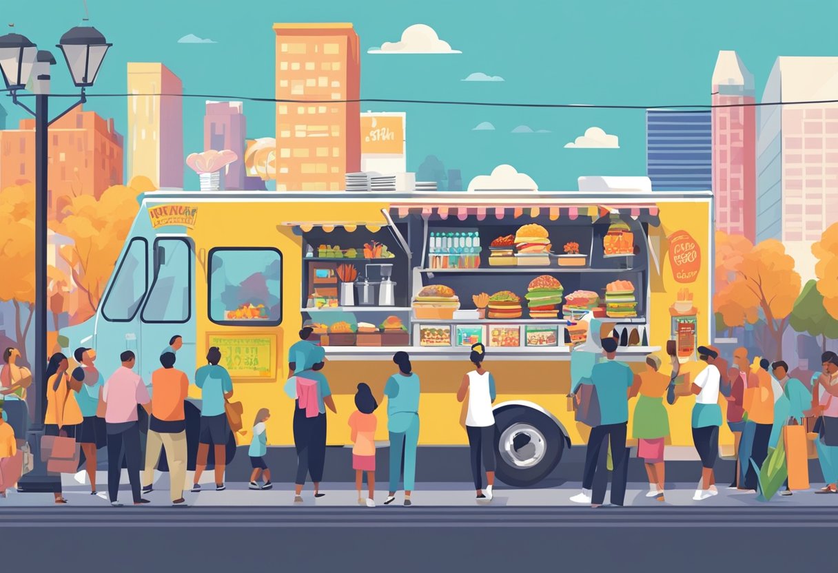 A food truck surrounded by hungry customers at a bustling Orlando street fair, with colorful signs advertising various food challenges