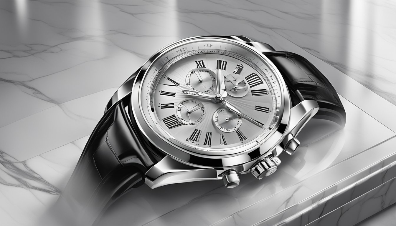 A sleek DK brand watch resting on a marble countertop, catching the light with its polished silver and black design