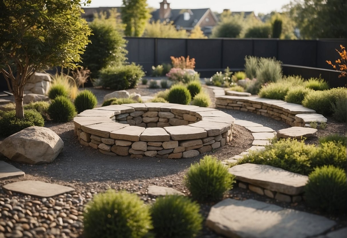 A rock yard with 29 functional spaces, including seating areas, pathways, and garden features