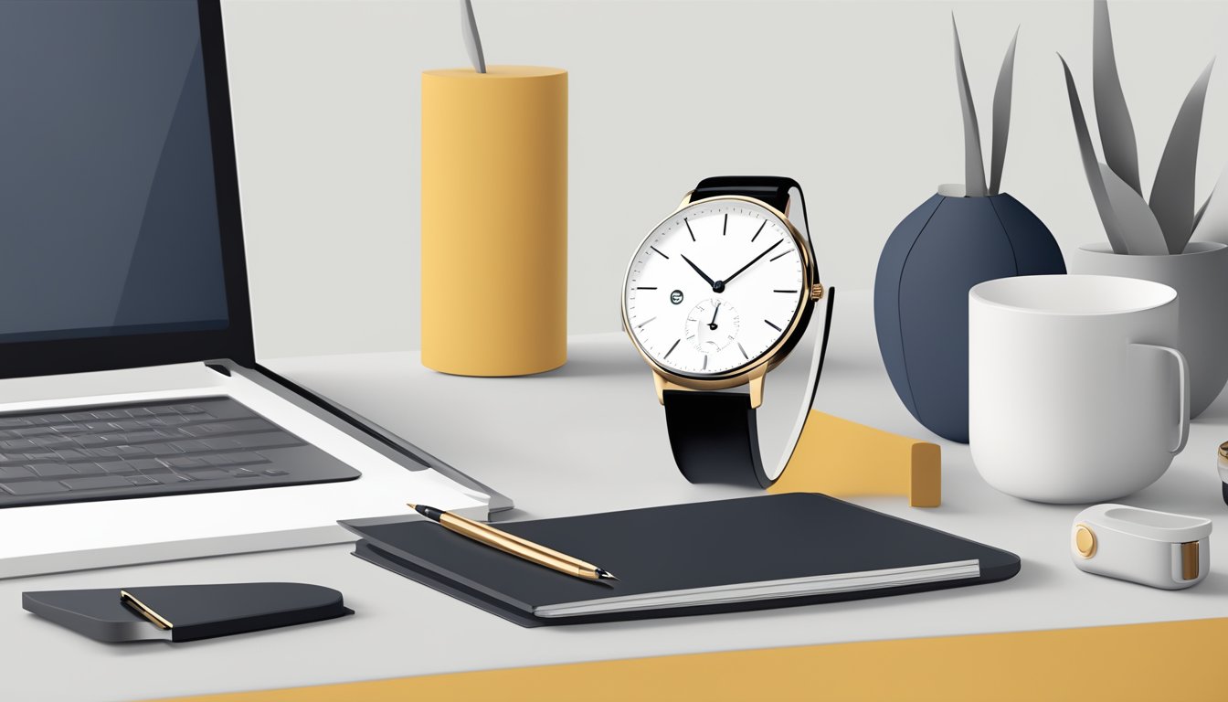A sleek, minimalist watch rests on a clean, modern desk with a backdrop of timeless Danish design elements