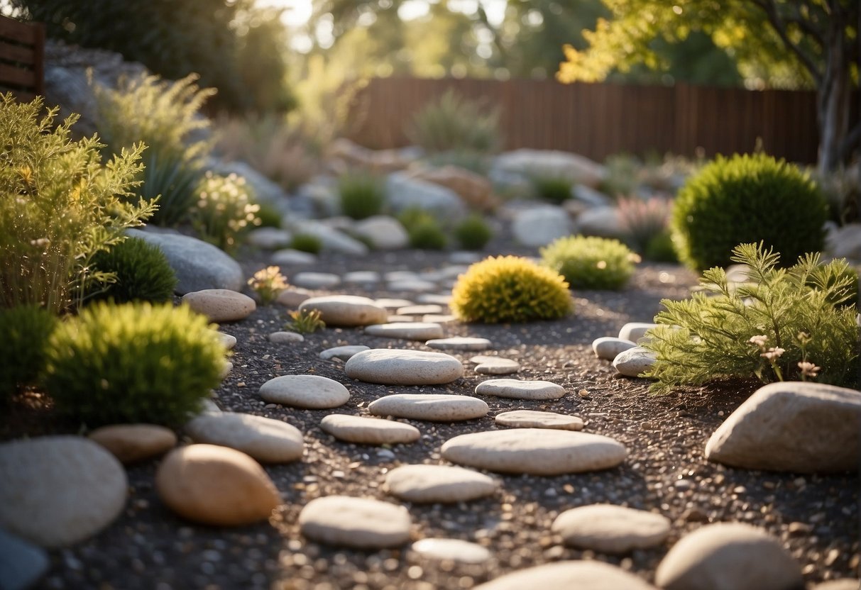 A backyard with a variety of rock designs, including pathways, borders, and decorative features. Different types and sizes of rocks are strategically placed to create a visually appealing and functional outdoor space