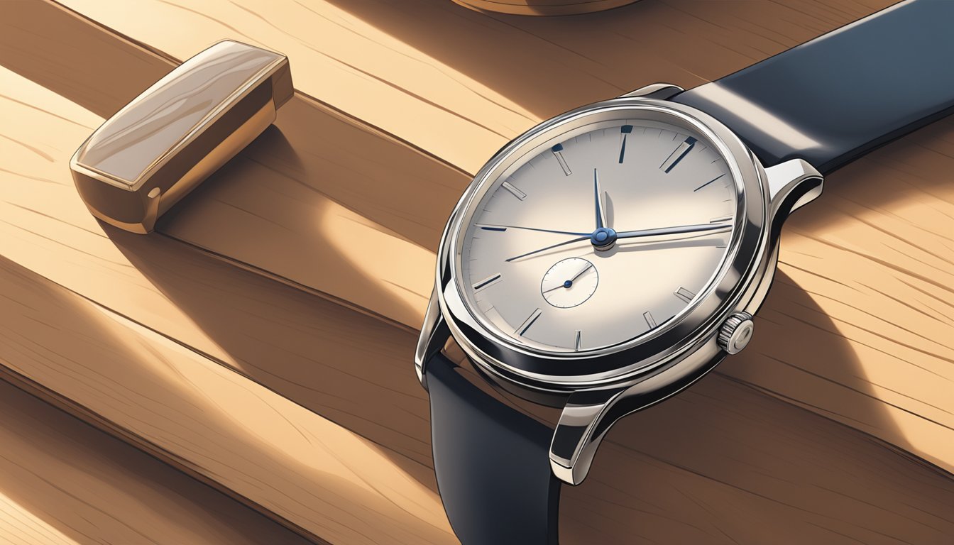 A sleek Danish watch sits atop a minimalist wooden table, with soft natural light streaming in from a nearby window, casting a gentle glow on its polished surface