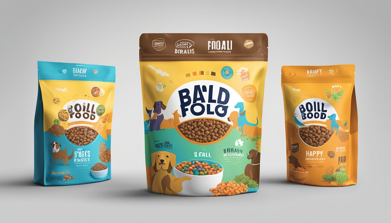 A happy dog eagerly eats from a bowl with a bold, colorful dog food brand logo on the packaging