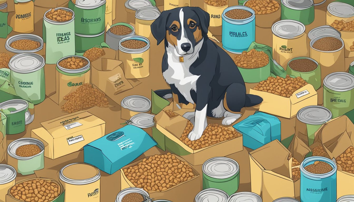 A dog surrounded by various dog food packaging, with the brand name ideas written on them, while a person looks on with a pen and paper in hand