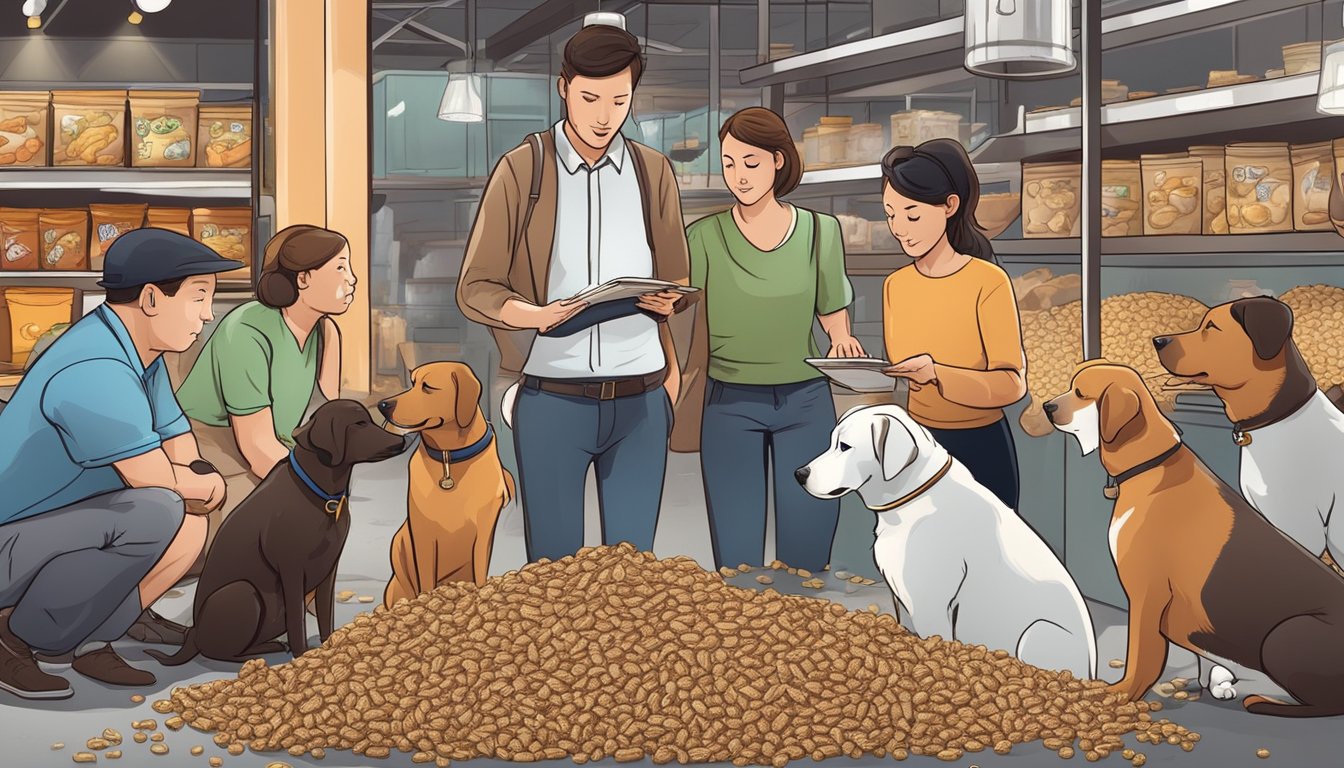 A group of dogs eagerly sniff and sample various dog food products, while a market researcher takes notes and observes their reactions