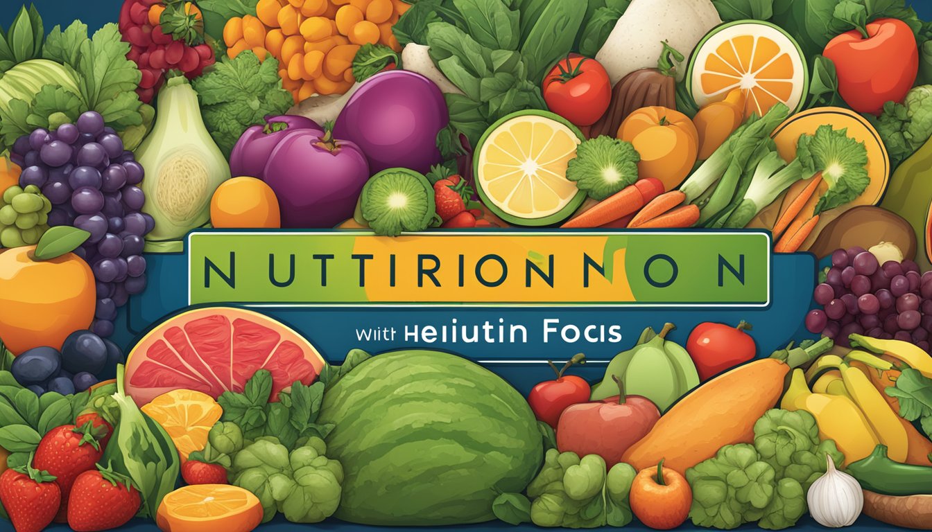 A vibrant display of fresh fruits, vegetables, and lean meats with a prominent "Nutrition and Health Focus" logo
