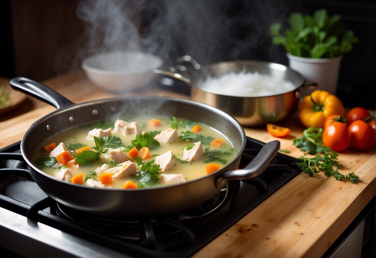 A steaming pot of coconut chicken soup simmers on a stove, filled with tender chunks of chicken, vibrant vegetables, and fragrant herbs and spices
