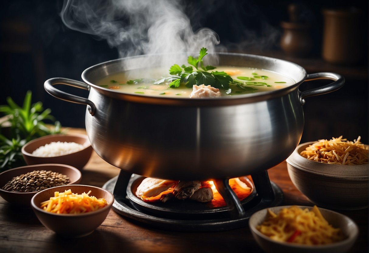 A steaming pot of coconut chicken soup simmers on a traditional Chinese stove, surrounded by fragrant herbs and spices