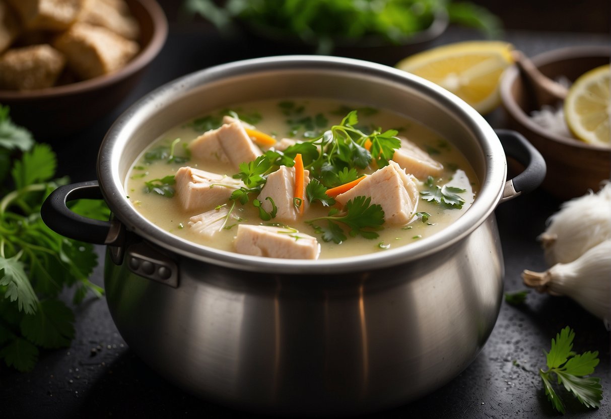 A steaming pot of coconut chicken soup simmers on a stove, filled with chunks of tender chicken, fragrant lemongrass, and vibrant green cilantro leaves