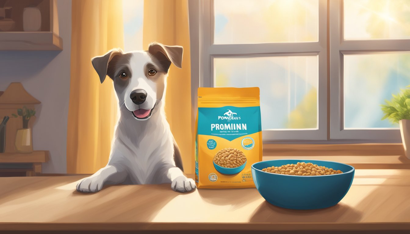 A happy dog with a wagging tail sits next to a bowl of dog food with the brand name prominently displayed. The sun shines through a window, illuminating the scene