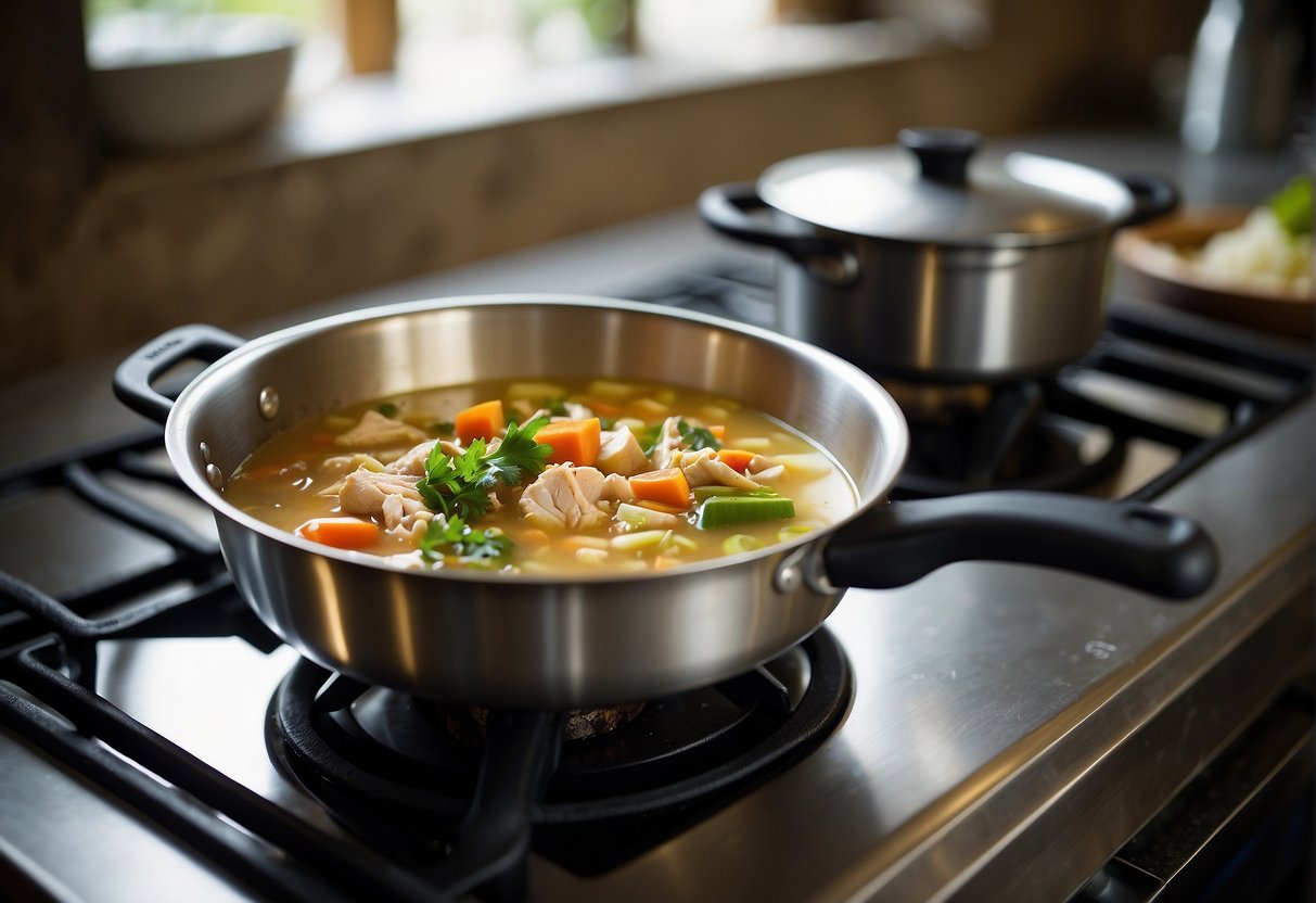 A pot simmers on a stove, filled with coconut chicken soup. A wok sizzles with Chinese spices. Chopped vegetables and tender chicken float in the fragrant broth