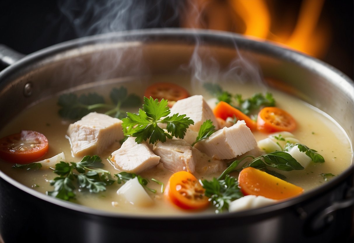 A steaming pot of coconut chicken soup simmers on a stove, filled with chunks of tender chicken, vibrant vegetables, and fragrant herbs and spices