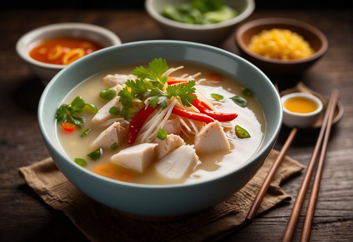 A steaming bowl of coconut chicken soup sits on a wooden table, surrounded by chopsticks and a small dish of chili oil