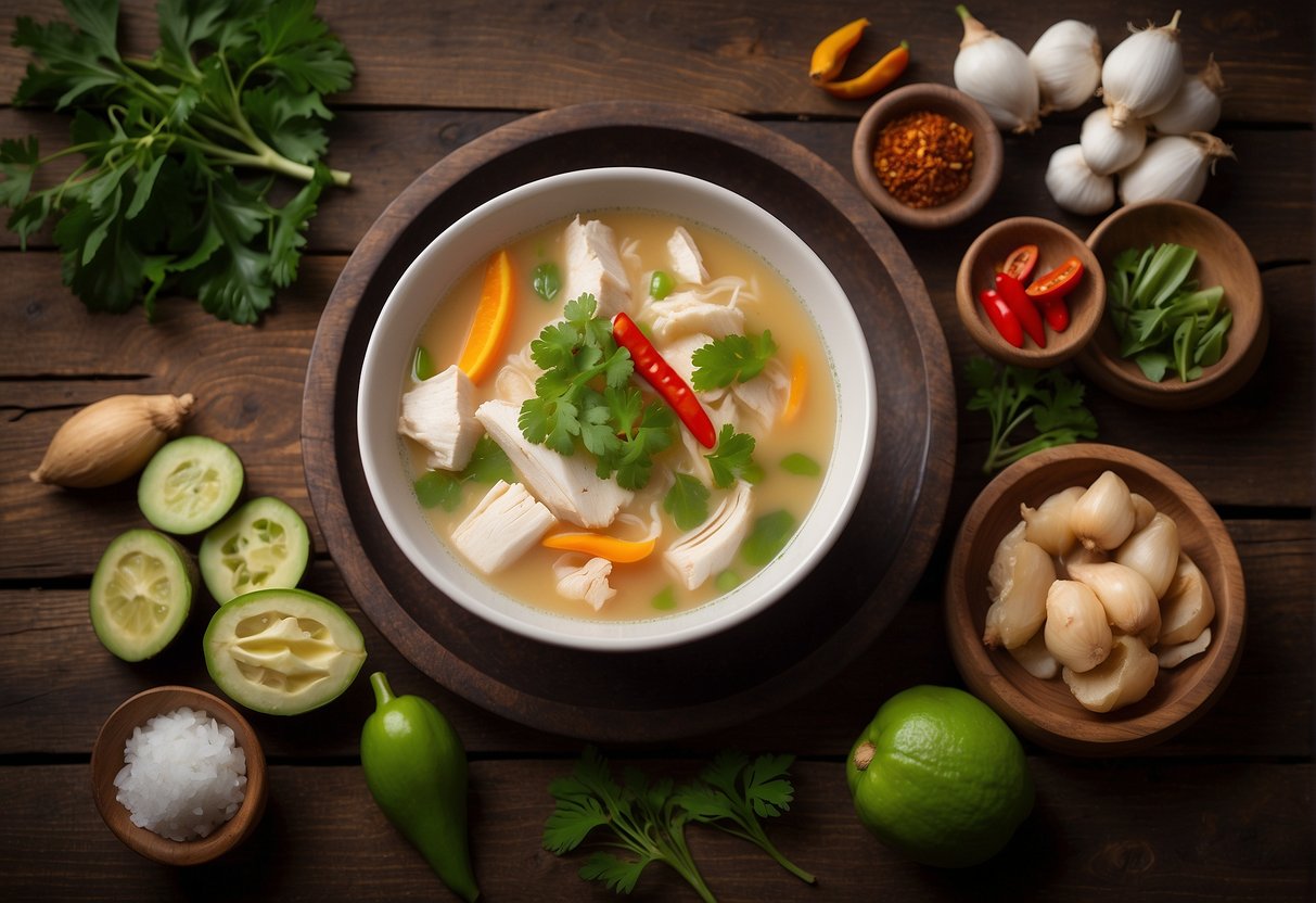 A steaming bowl of coconut chicken soup sits on a rustic wooden table, surrounded by traditional Chinese cooking ingredients like ginger, lemongrass, and chili peppers