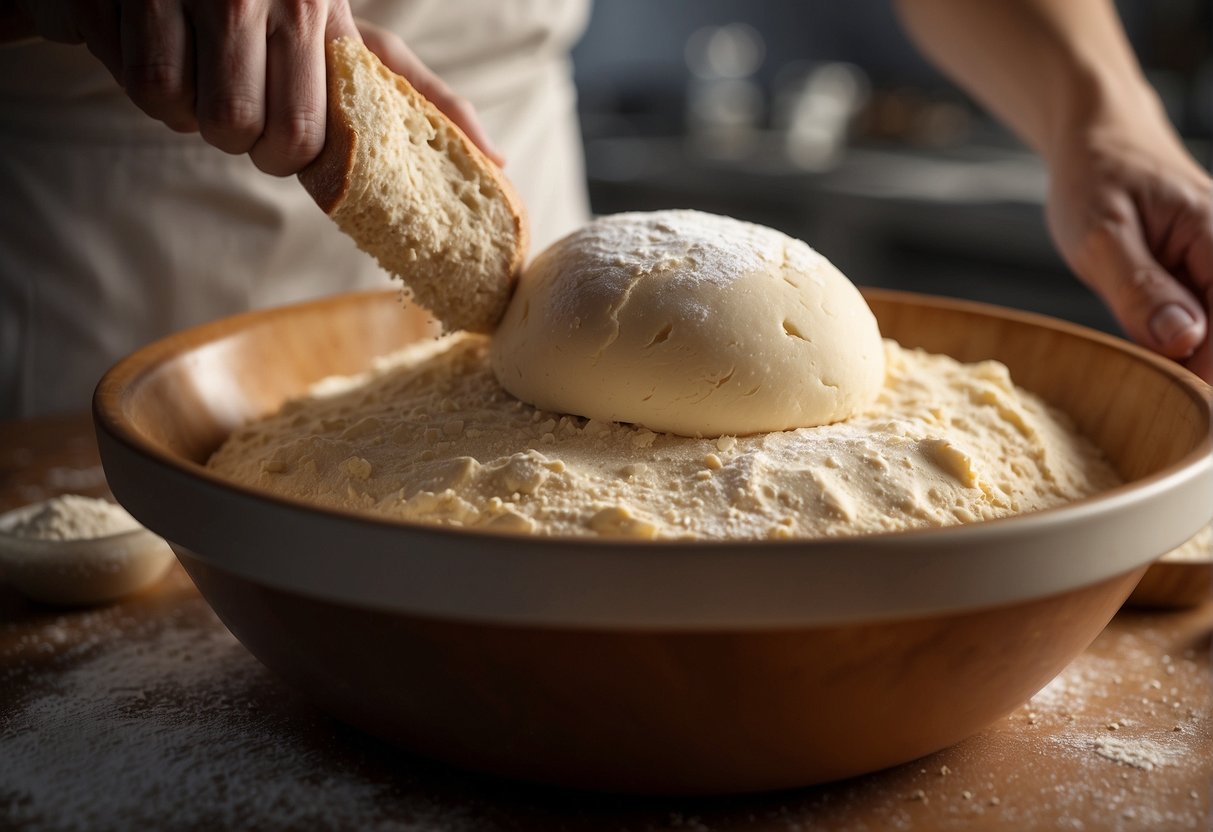 A baker mixes flour, water, and yeast in a large bowl. The dough is kneaded until smooth, then left to rise before being shaped into various breads