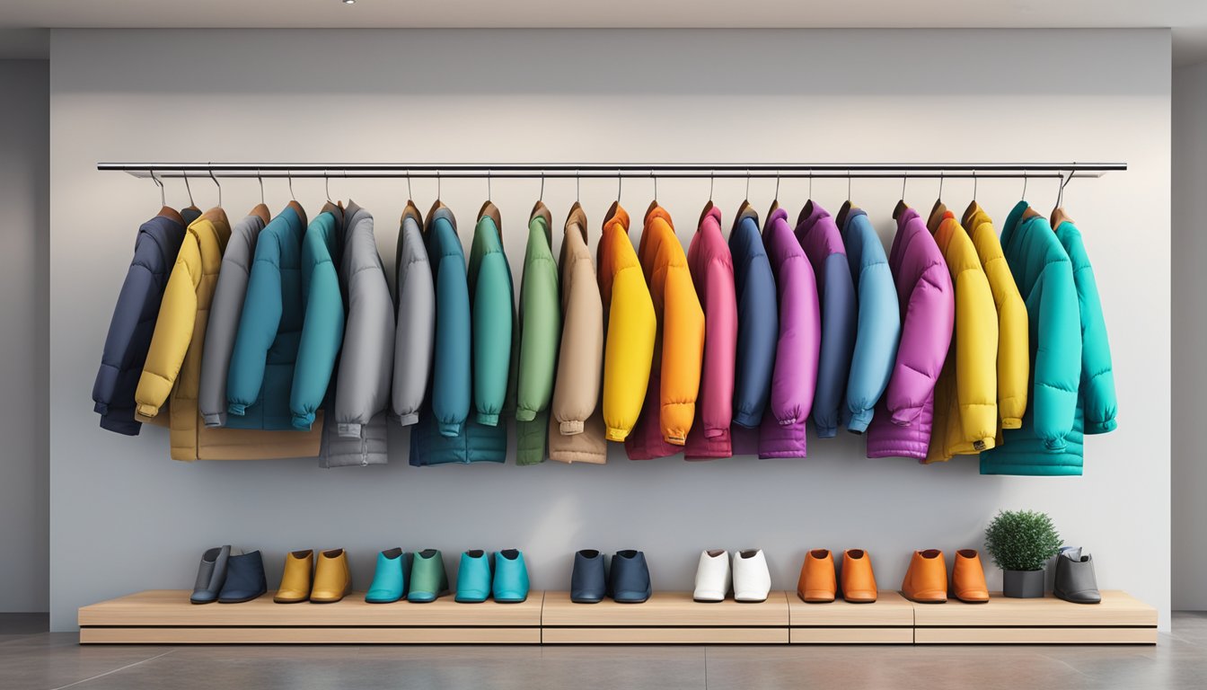 A row of colorful down coats displayed on a sleek rack in a modern retail store
