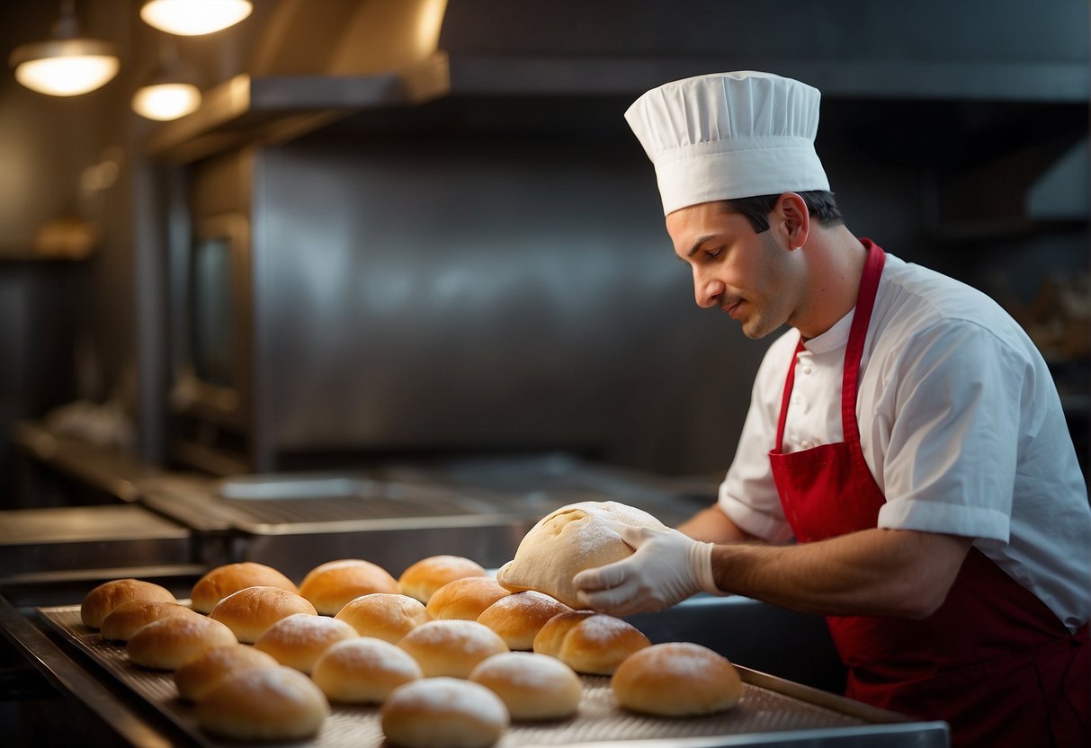 A baker kneads dough, then shapes it into round buns. The buns are placed on trays and baked in a hot oven. A delicious aroma fills the air