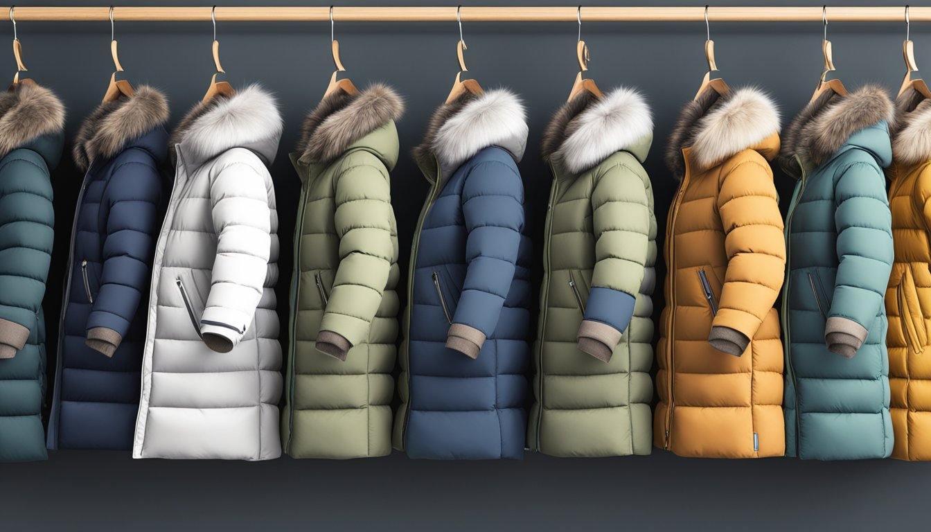 A row of down coats displayed on a rack, various brands and colors, with visible quilted patterns and fur-lined hoods