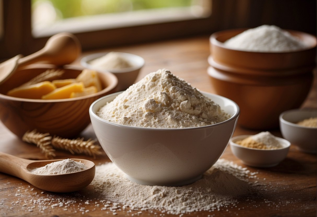 A table with flour, yeast, sugar, and water. A mixing bowl and a wooden spoon. A warm, cozy kitchen with natural light